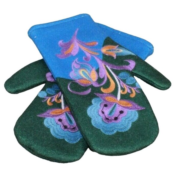Unbranded Accessories - New! Blue Green Wool Floral Embroidered Faux Fur Lined Felt Mittens Size Large